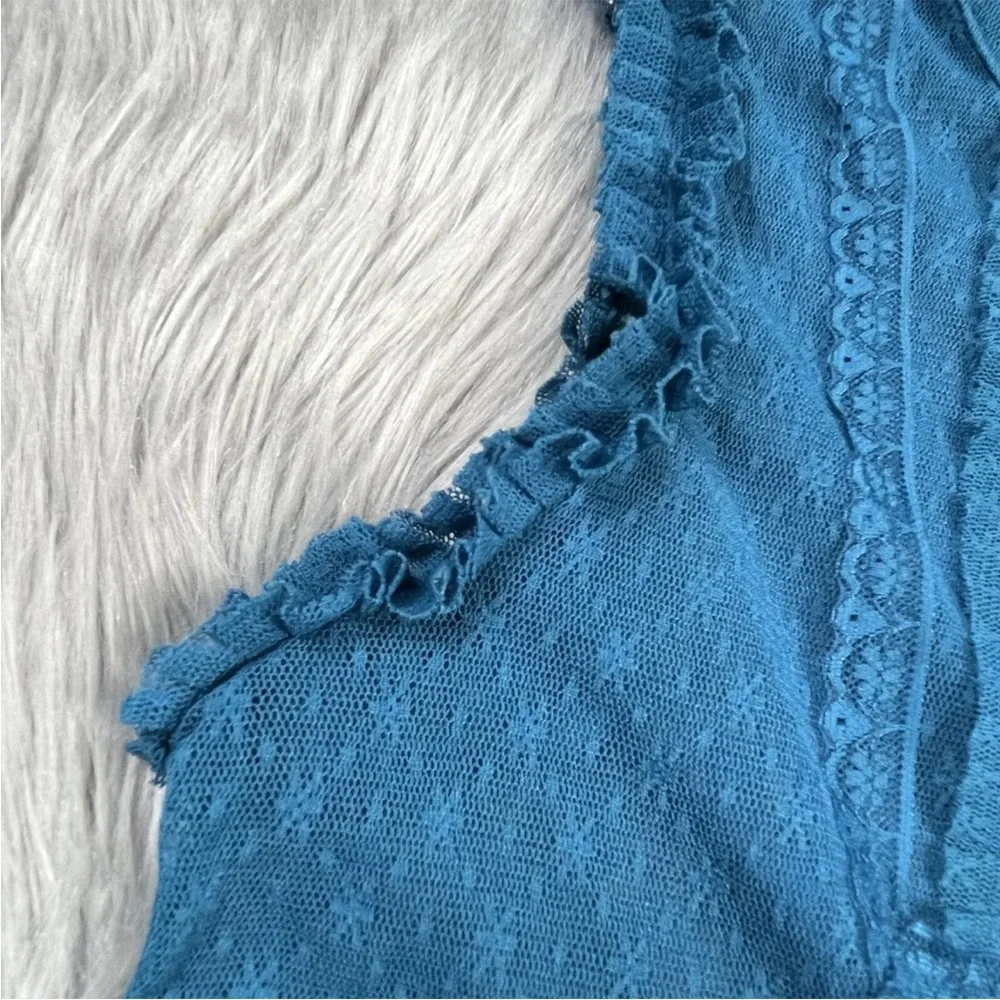 Free People Teal Blue Lace Ruffle Sheer Sleeveless Tunic Dress Size Small